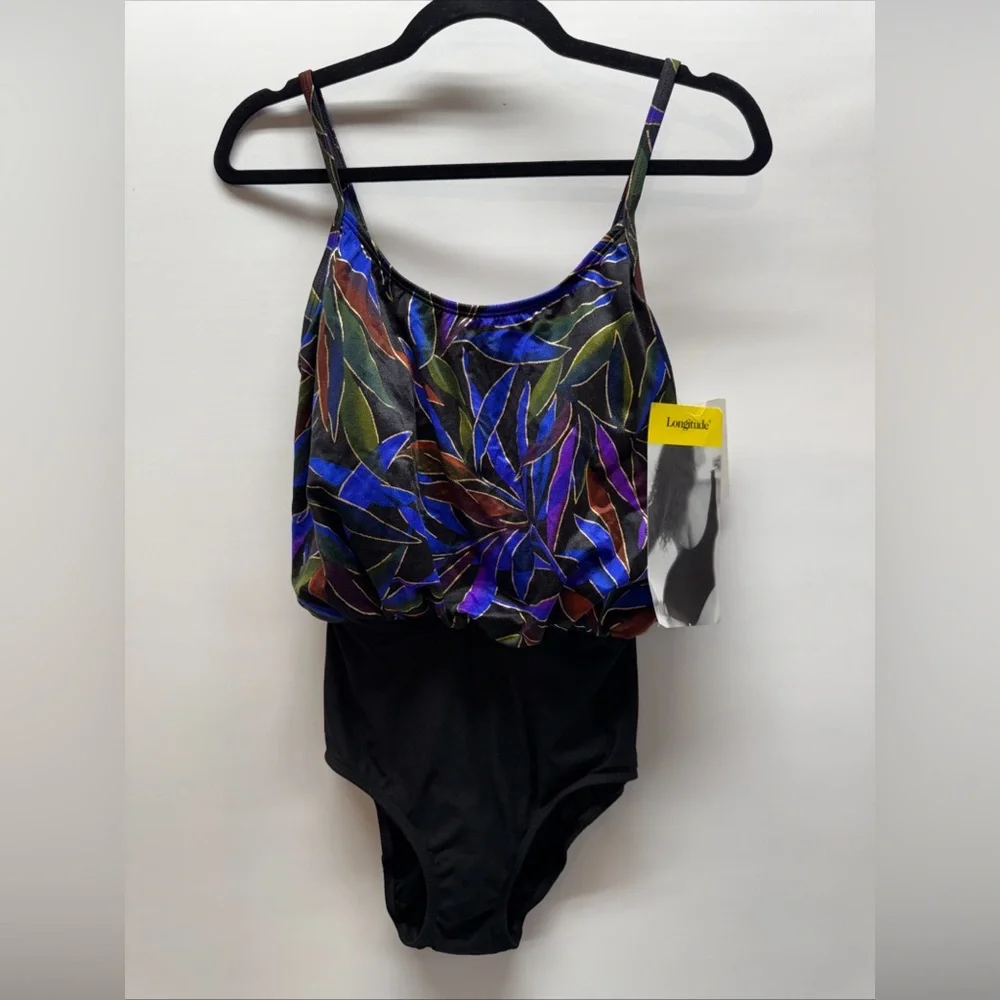 VTG Longitude Women's Sz 10 One Piece Swimsuit Black Button Floral‎ Top Tropical